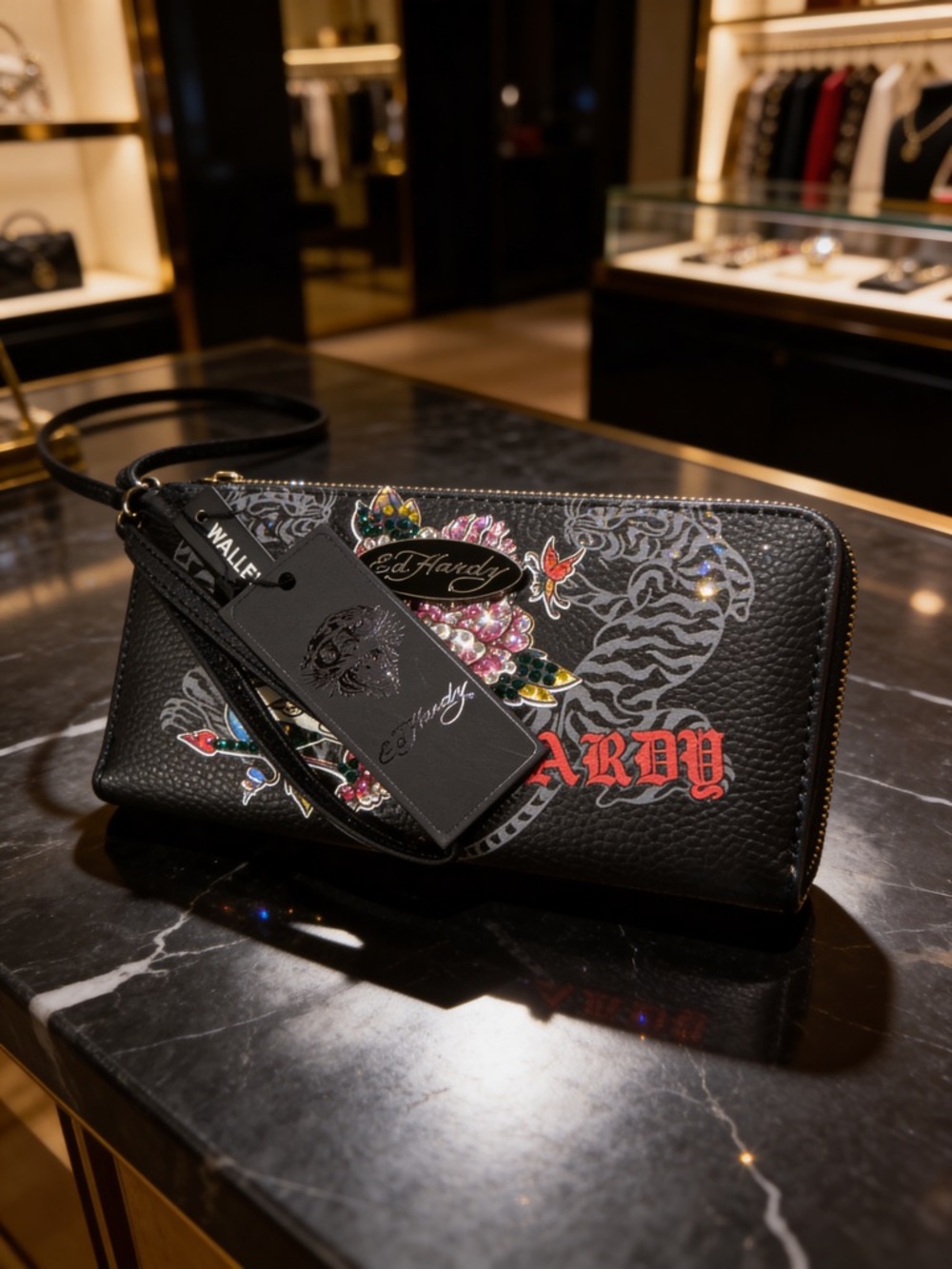 Ed Hardy Black Leather Zip Wallet with Colorful Tattoo Motif